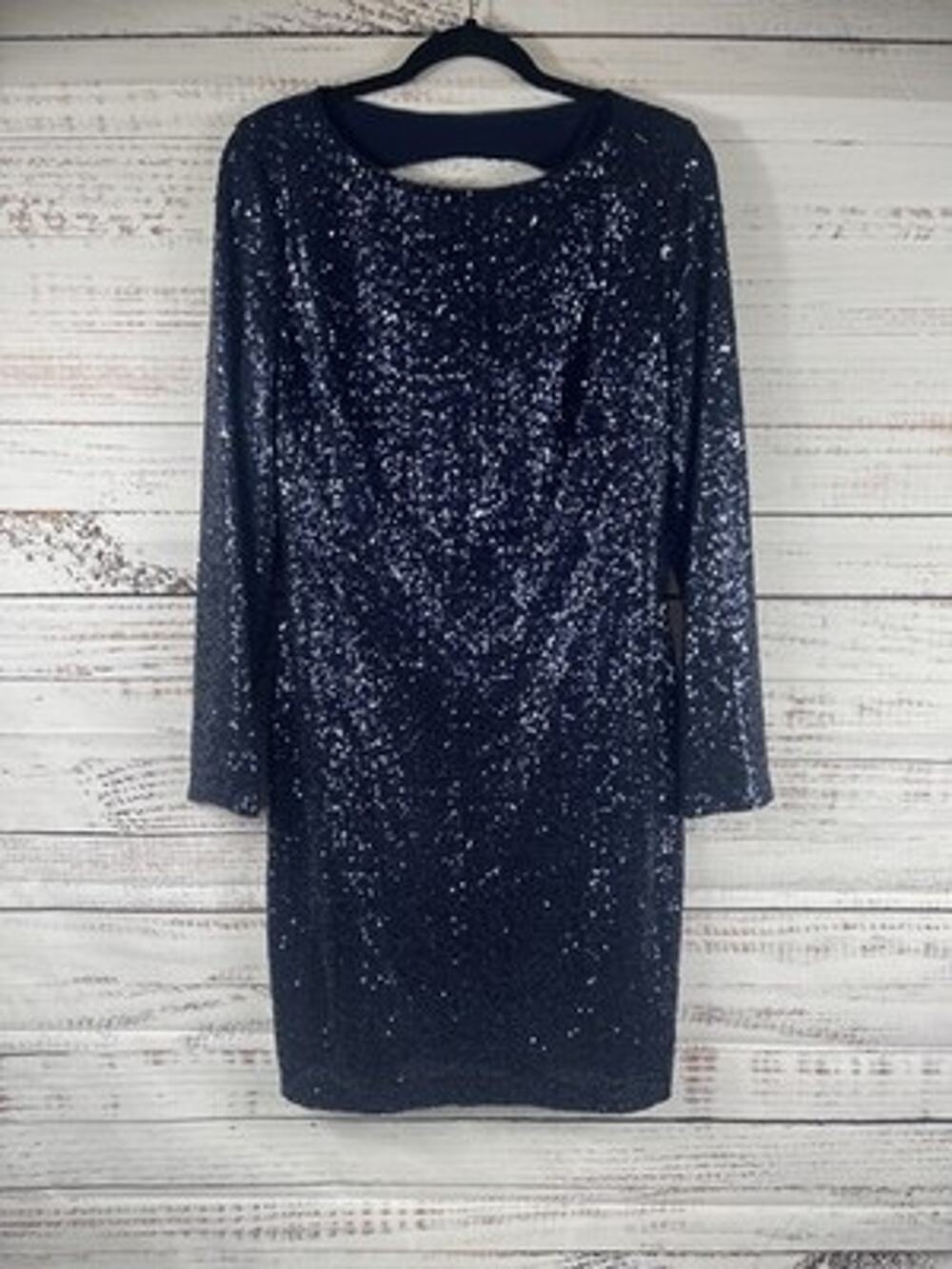 Lauren Ralph Lauren Dress Womens 16 Blue Sequin Open Back Long Sleeve Sheath